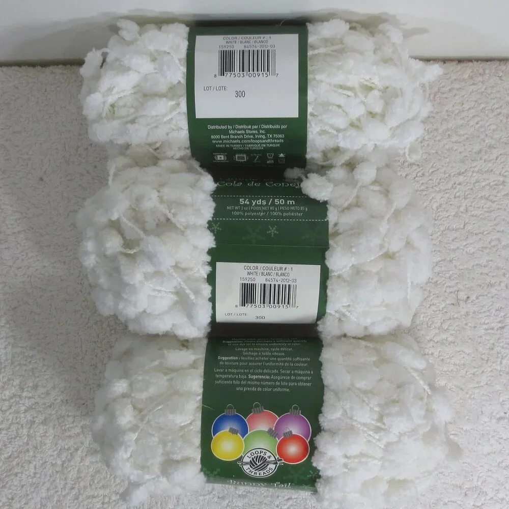 NEW Loops & Threads Yarn White Pom Pom Lot of 3 Skeins Fluffy Novelty 9 Ounces